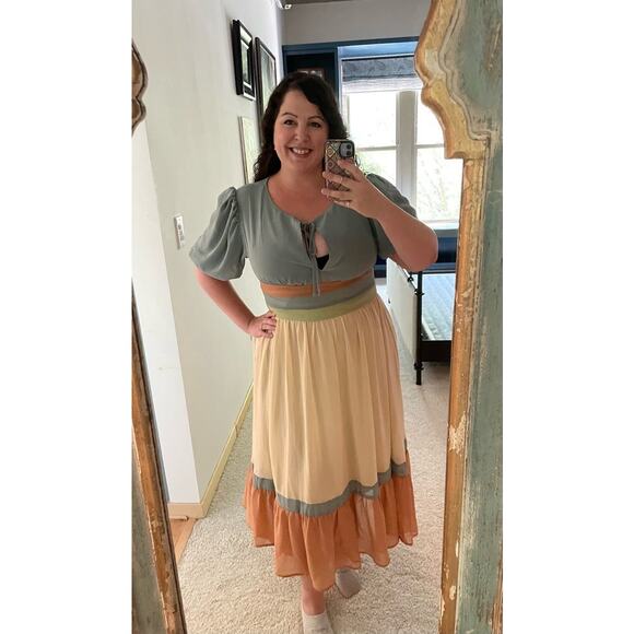 PAMELA LOVE x RTR Multicolored Color Block Crewneck Chiffon Midi Dress Size L - Picture 13 of 15